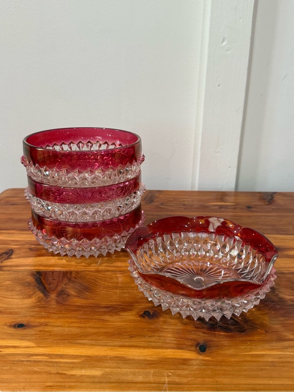 Vintage Indiana Glass Ruby King's Crown Diamond Point Bowls Set of 4